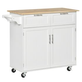 41" Modern Rolling Kitchen Island on Wheels, Utility Cart Storage Trolley with Rubberwood Top & Drawers, White