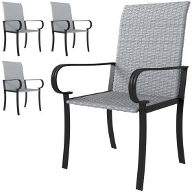 Set of 4 Outdoor Wicker Dining Chairs with Armrest, Steel Frame, High Back and Deep Seating, Gray