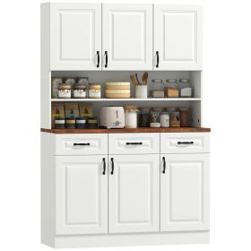 71" Kitchen Pantry Cabinet, Freestanding Farmhouse Storage Cabinet with Wide 2-Tier Microwave Stand Countertop, 3 Drawers, 6 Soft Closing Doors, and