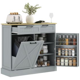 10 Gallon Farmhouse Kitchen Cabinet with Hidden Trash Can and 2 Drawers, Tilt Out Trash Can Cabinet for Kitchen, Gray