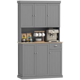 71" Buffet with Hutch, Modern Farmhouse Kitchen Pantry Storage Cabinet with Microwave Oven Countertop, Drawer, Gray