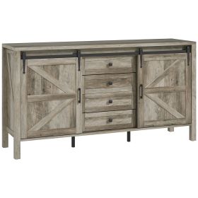 59" Buffet Cabinet, Farmhouse Sideboard with Thick Top, 2 Barn Doors, 4 Drawers and 2 Adjustable Shelves, Gray Wash
