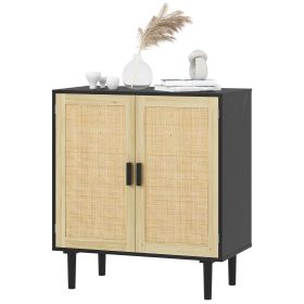 Bohemian Sideboard, 31.5" Buffet Cabinet with 2 Rattan Doors and Shelves for Living Room, Hallway, Black