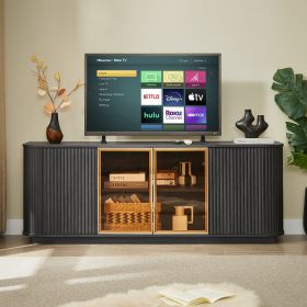 64-Inch Wavy TV Cabinet, Round Sideboard, Wooden Vertical Stripe Storage Cabinet, Aluminum Door Framed Tempered Glass Cabinet For Living Room Bedroom