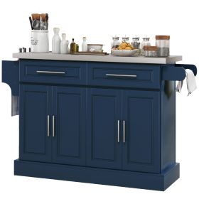 Rolling Kitchen Island with Stainless Steel Top, 2 Drawers, Spice, Knife and Towel Rack and Cabinets, Navy Blue