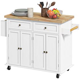 Modern Rolling Kitchen Island Cart with Spice Rack, Distressed White