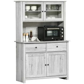 63.5" Kitchen Buffet with Hutch, Pantry Storage Cabinet with 4 Shelves, Drawers, Framed Glass Doors, Open Microwave Countertop, Ash Grey
