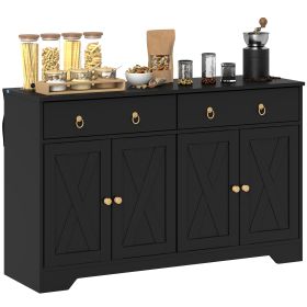 Kitchen Storage Sideboard, Farmhouse Buffet Cabinet with Barn Style Doors, Drawers, Adjustable Shelves, Black