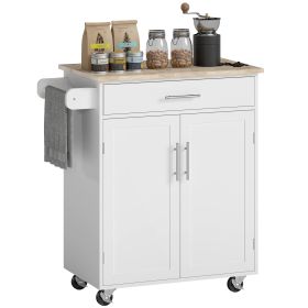 Kitchen Island Cart, Rolling Island Table with Solid Wood Top, Trolley Cart with Drawer, Storage Cabinet & Towel Rack, White