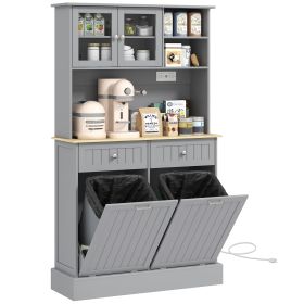 Kitchen Cabinet with Charging Station, 2 Tilt Out Cabinets, Microwave Stand, Freestanding Kitchen Pantry Cabinet, Gray
