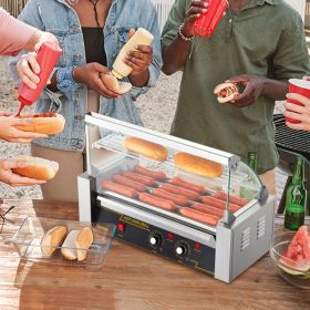 Hot Dog Roller 5 Rollers 12 Hot Dogs Capacity, 750W Stainless Sausage Grill Cooker Machine With Dual Temp Control Glass Hood Acrylic Cover Bun Warmer