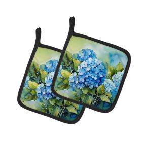 Hydrangeas in Watercolor Pair of Pot Holders Kitchen Heat Resistant Pot Holders Sets Oven Hot Pads for Cooking Baking BBQ, 7 1/2 x 7 1/2