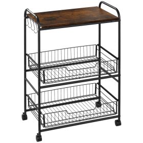 3 Tier Kitchen Cart with Storage, Rolling Kitchen Island Cart with 2 Sliding Fruit Basket and Side Hooks for Dining Room, Rustic Brown