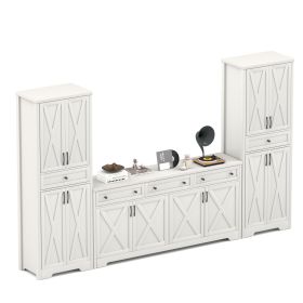 TV Cabinet Set Multifunctional TV Wall, One TV Cabinet And Two Sideboards For Living Room, White, 113.5L X 15W X 68H.