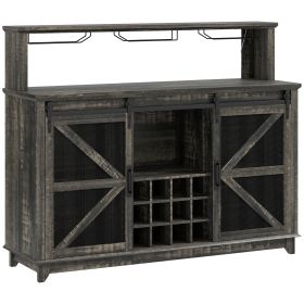 55" Coffee Bar Cabinet with Lights, Farmhouse Wine Cabinet with Wine and Glass Racks for Kitchen, Dining Room, Brown