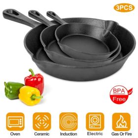 3Pcs Pre-Seasoned Cast Iron Skillet Set 6/8/10in Non-Stick Oven Safe Cookware Heat-Resistant Frying Pan (Option: Black)