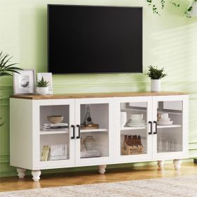 ON-TREND Farmhouse TV Stand With Tempered Glass Doors For TVs Up To 70, Versatile Sideboard With Adjustable Shelves, Elegant Buffet Cabinet With 5 Sol (Option: White Natural)