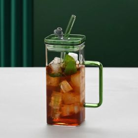 1 Pcs Green Glass Straw Cup, 6 Colors Square Glass Cup With Straw And Lid, High Borosilicate Glass Cup, Milk Cup, Juice Cup, Cold Drink Cup, Coffee Cu (Option: Green)